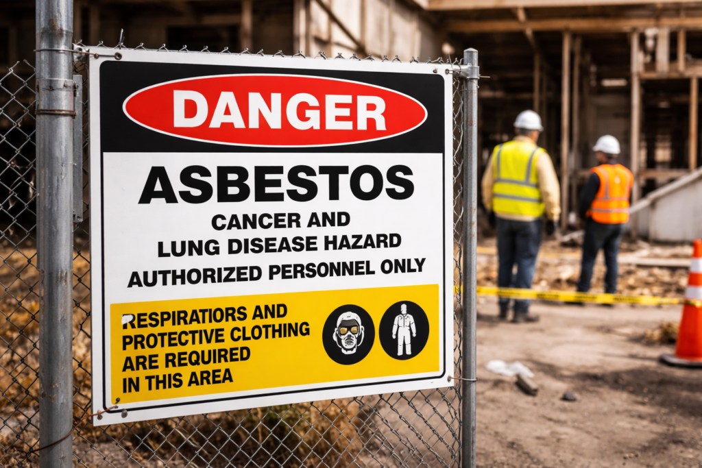 Close-up of asbestos warning sign on a building site during inspection.